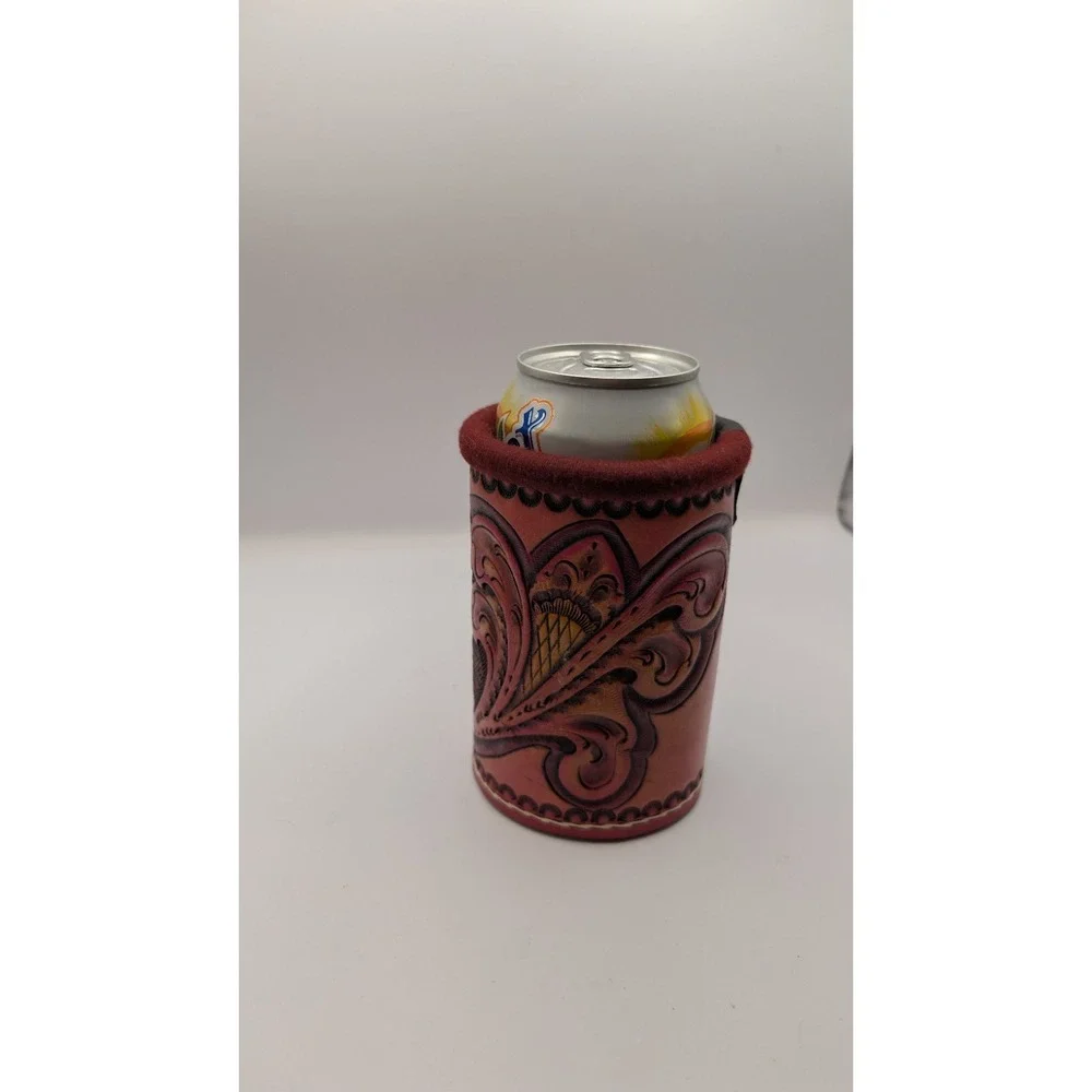 Vintage Hand Tooled Leather Can Koozies Set of 2 Western Floral Drink Cozies